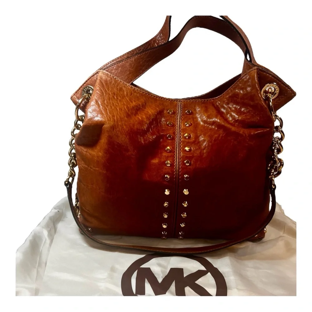 Vintage Michael Kors Vintage Cognac Brown Leather Gold Studs and Chain C… - Picture 9 of 12